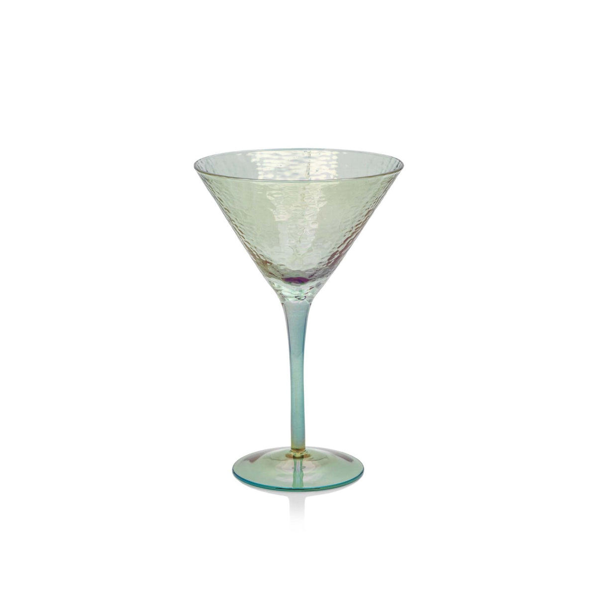 Blue luster hammered soda-lime glass martini with classic conical silhouette
