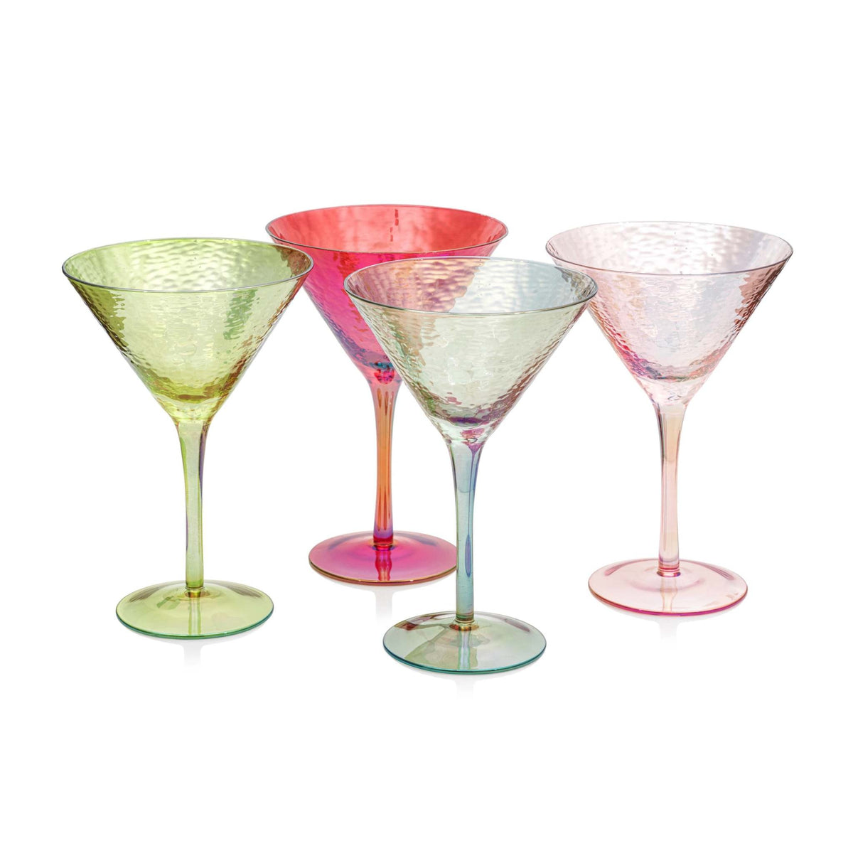 Hammered texture martini glass with colorful lustrous finish in soda-lime material.
