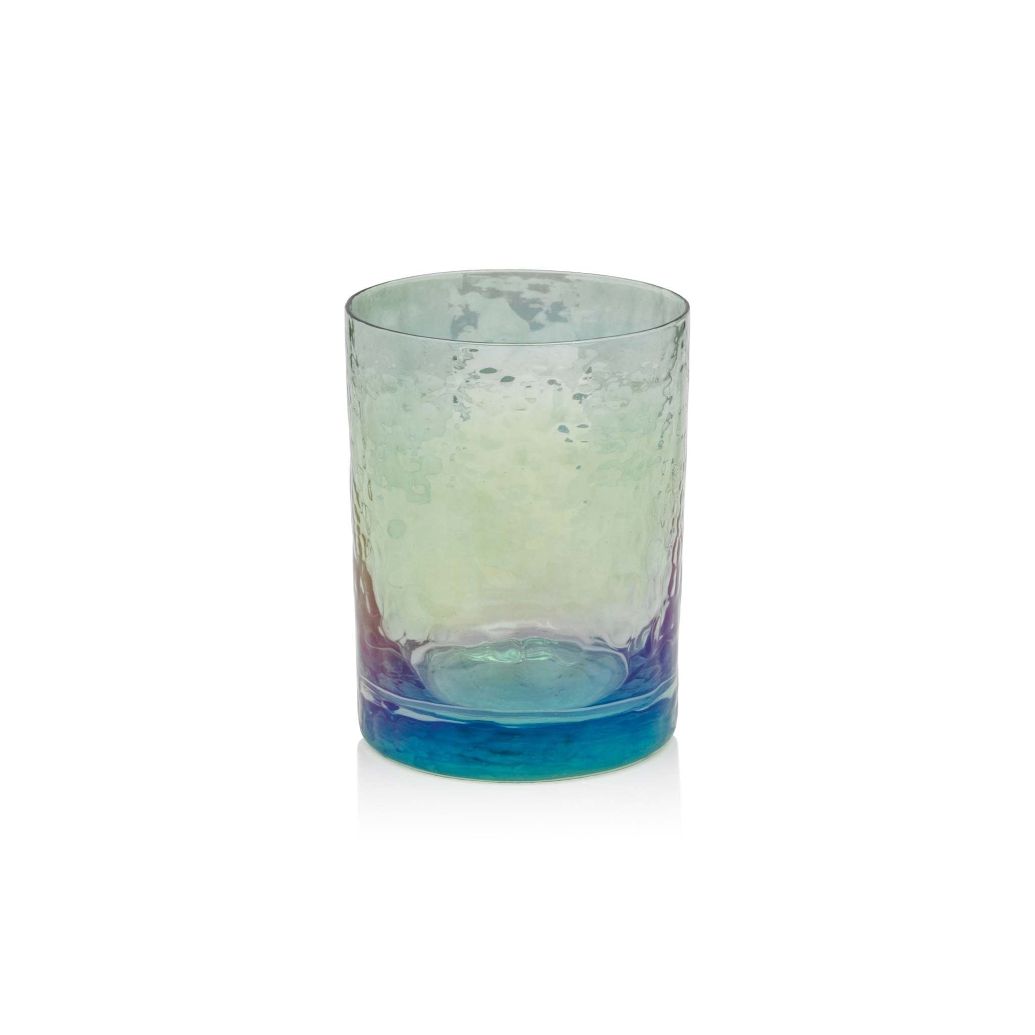 Blue luster hammered soda-lime glass rocks tumbler with colorful finish