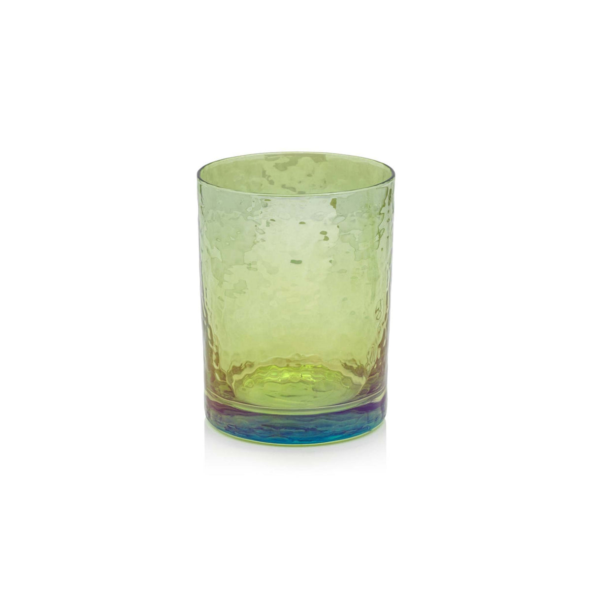 Luster green hammered soda-lime glass rocks tumbler with a colorful finish.