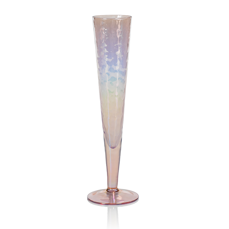 Soda-lime glass champagne flute with iridescent luster pink finish