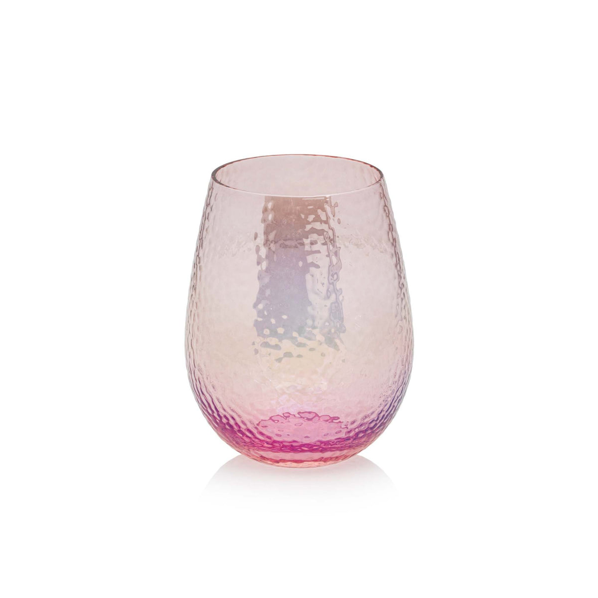 Pink luster stemless glass tumbler with a rounded bowl shape suitable for beverages.