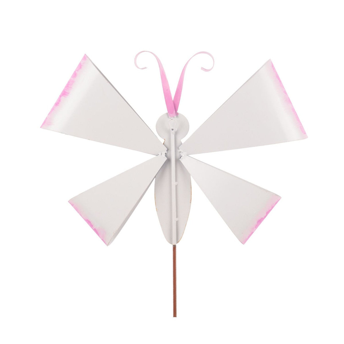 White metal butterfly garden stake with pink accents on wings and antennae.