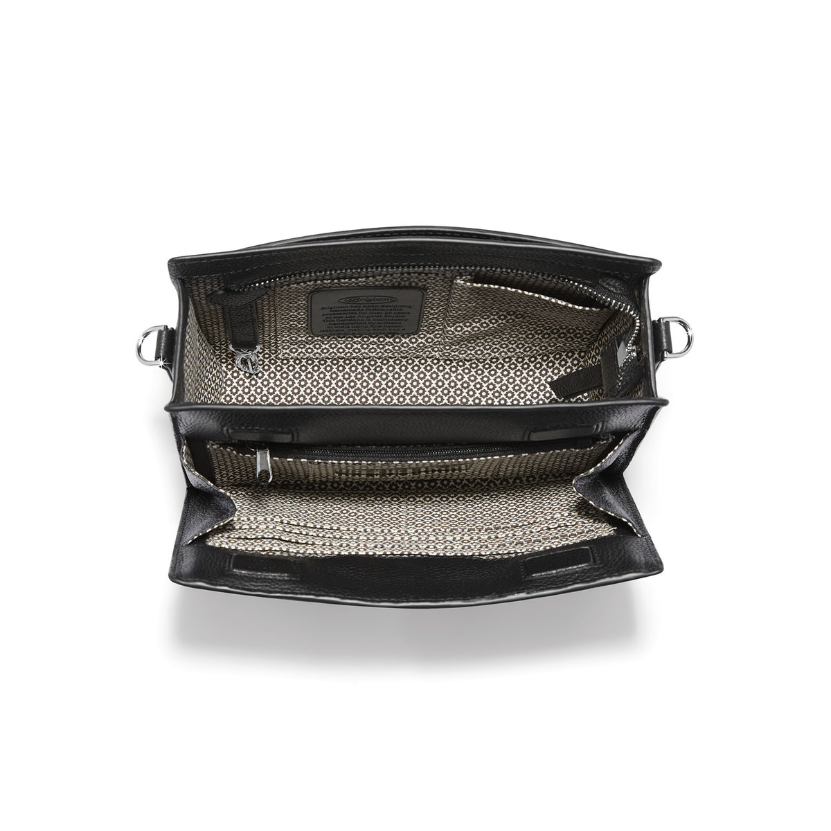 Interior view of the black leather Interlok Braid Findley Organizer Bag with patterned lining.