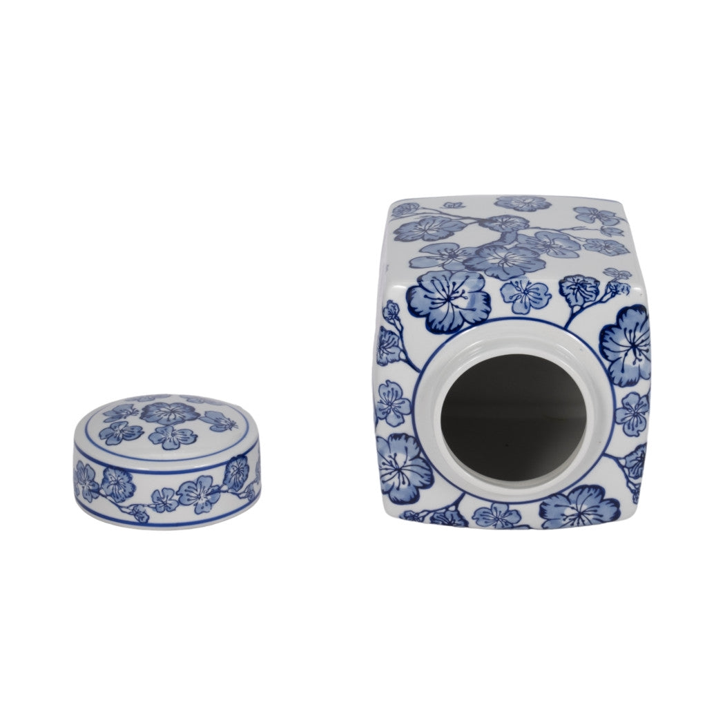 Blue/White 8 in. Square Cherry Blossom Chinoiserie Jar