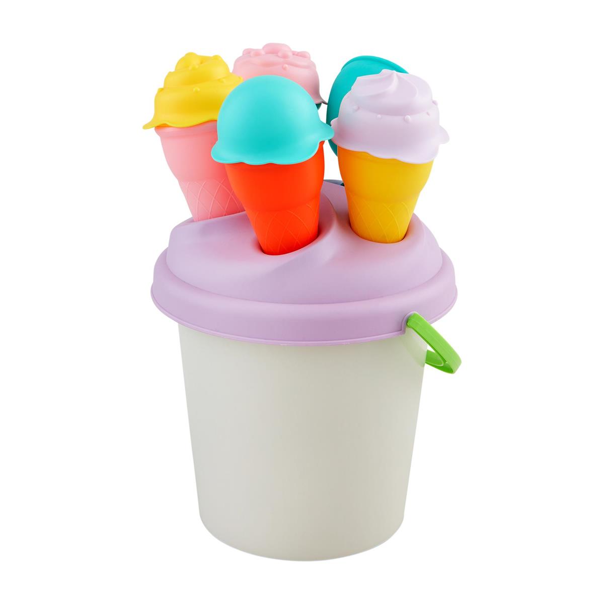 Plastic ice cream beach bucket set with a blue lid.