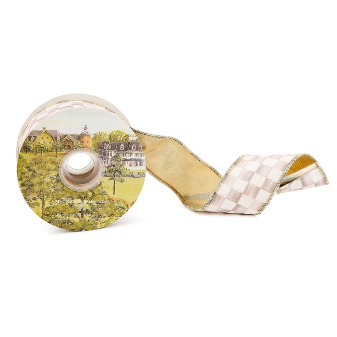 2-inch wide Mocha Check Ribbon with a gold-toned reverse side on a decorative spool.