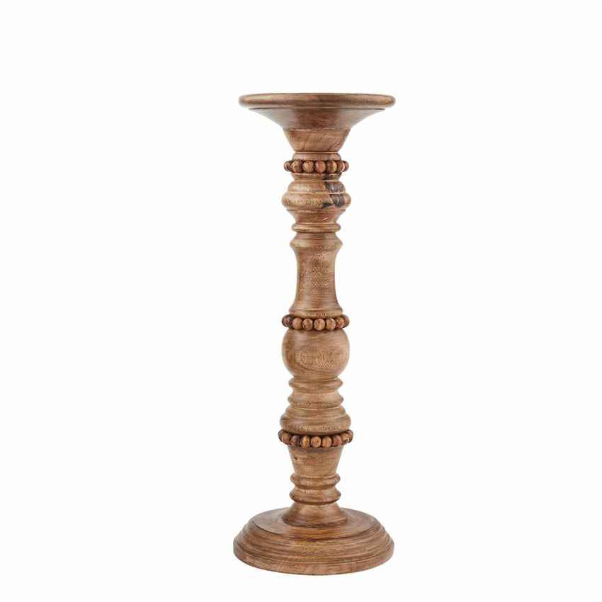Small beaded mango wood candle stick holder with a cylindrical silhouette.
