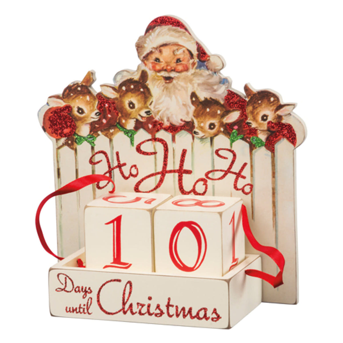 Wooden countdown blocks with glitter Santa reindeer ribbon attachments counting days until Christmas