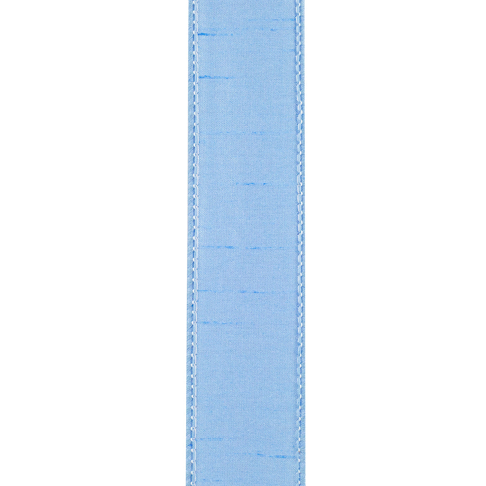 Light blue 1-1/2 inch Dupioni Supreme wired edge ribbon with a textured finish.