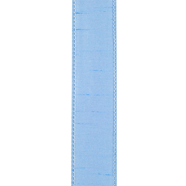 Light blue 1-1/2 inch Dupioni Supreme wired edge ribbon with a textured finish.