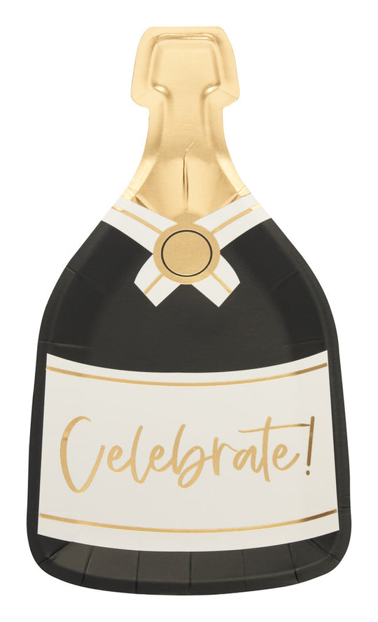 Champagne bottle shaped paper plate in black and gold with white label reading Celebrate!