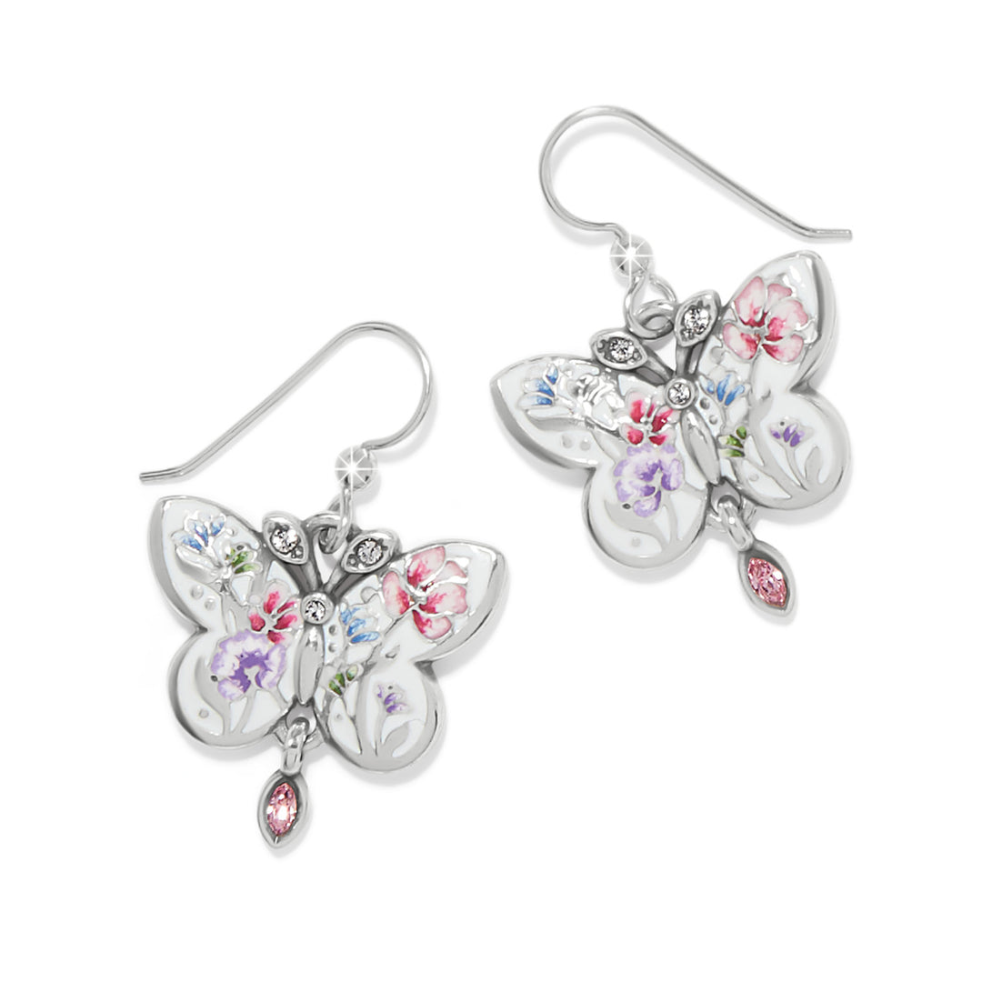 Silver-plated French wire earrings with multi-colored enamel butterflies featuring fine quality crystals.