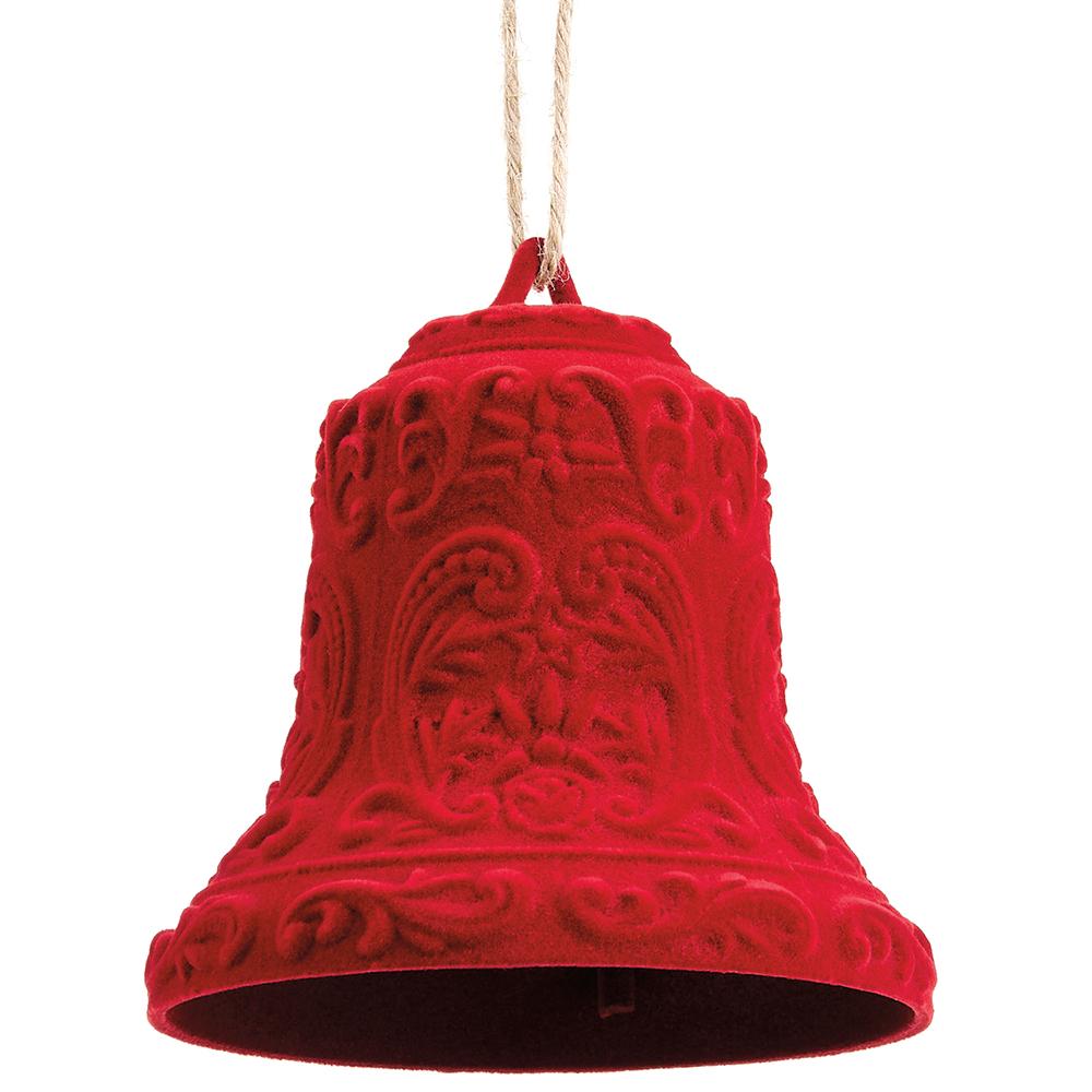 Red flocked plastic bell ornament with ornate embossed patterns and a twine hanging loop.