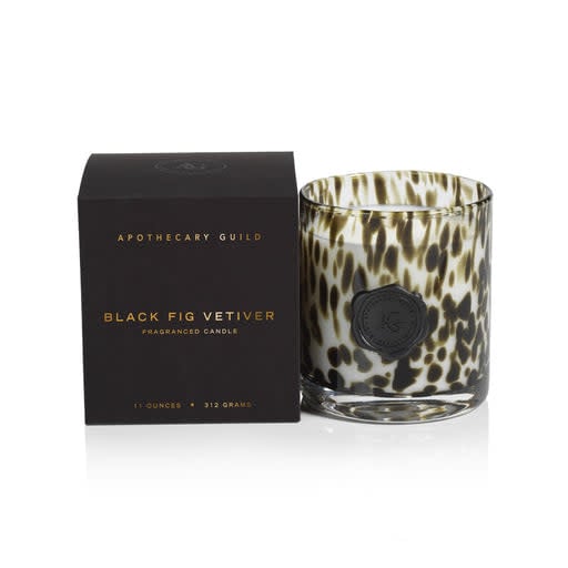 Black Fig Vetiver candle in opal glass jar with seal stamp inside a gift box