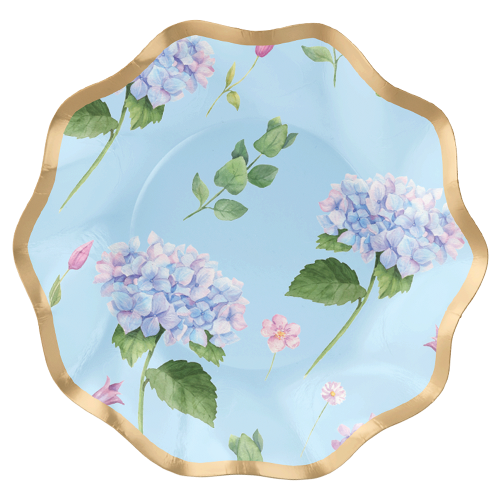 Paper appetizer bowl with blue hydrangea floral print and gold foil ruffled rim
