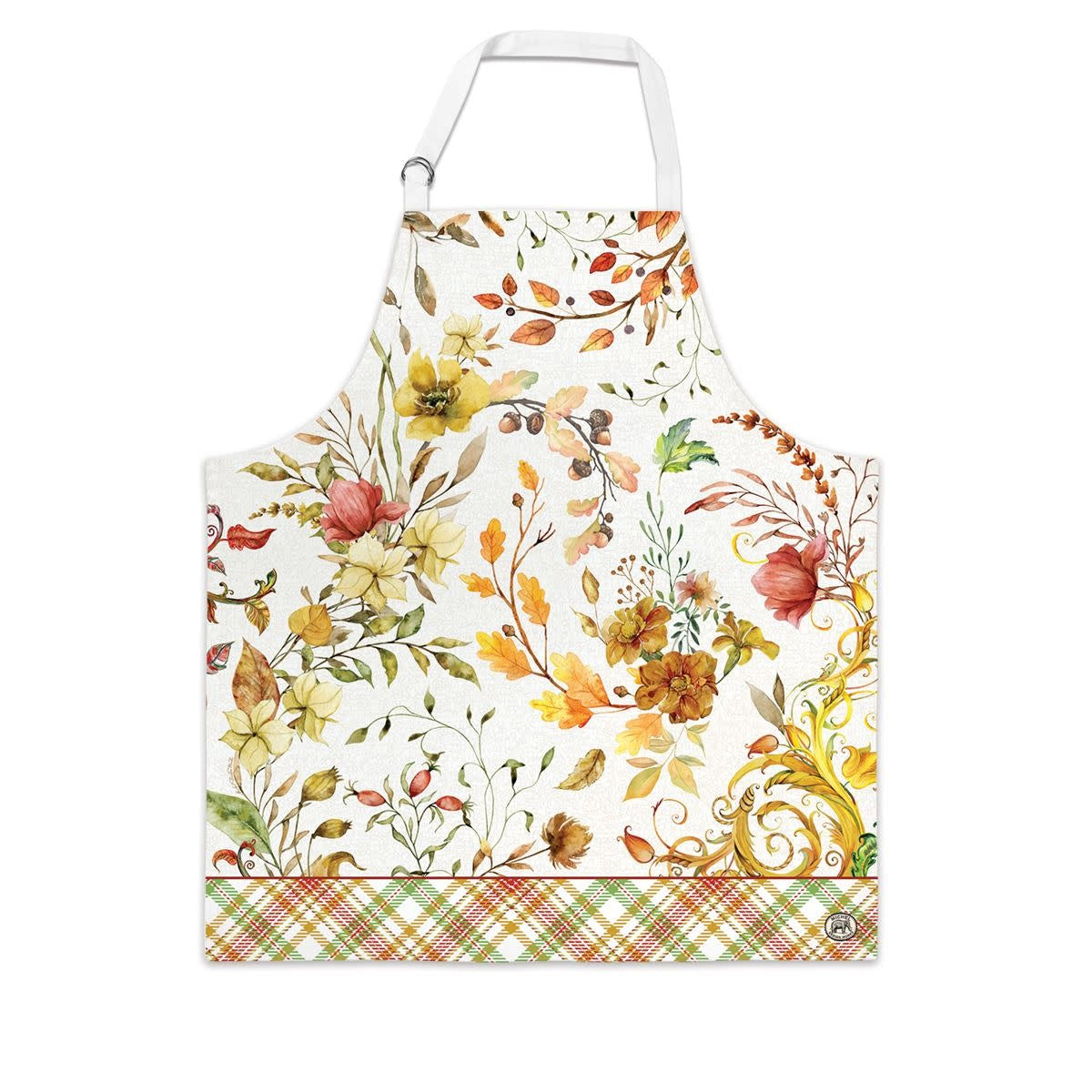 White cotton chef apron with adjustable neck straps featuring metal double D-rings.