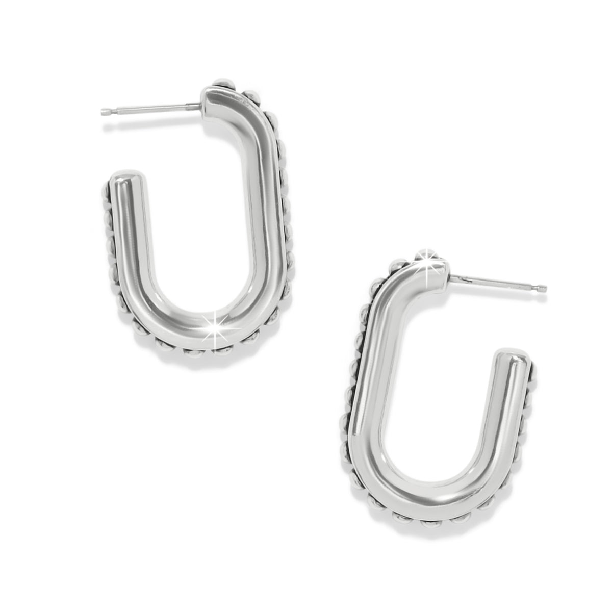 Silver plated link hoop earrings with a flat disc back post.