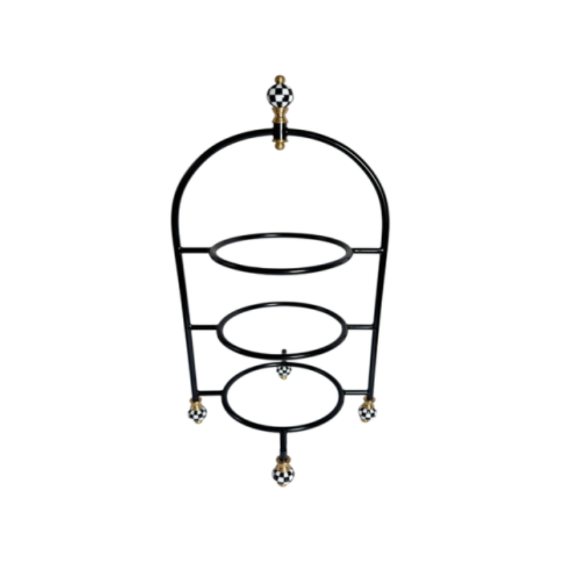 Three-tier black metal plate stand with checkered finials and gold accents.