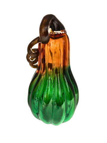 Green and amber handblown glass gourd with a dark brown curled stem.