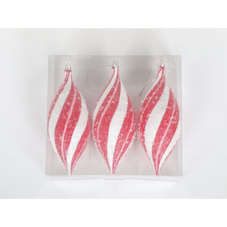 Three 7-inch red and white peppermint striped finial ornaments with a sugary glitter finish.