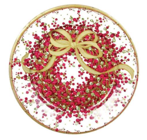 Pack of eight red Christmas-themed paper plates with festive patterns.