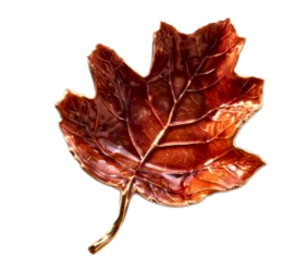 Autumn Allure Leaf Tray in a glossy brown enamel finish with textured veins and metallic accents.