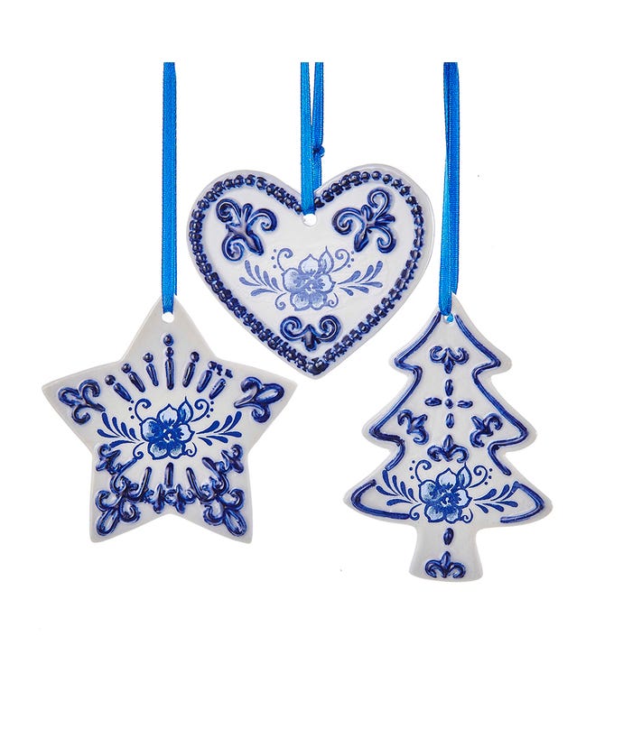 3-inch Delft Blue ceramic ornament with white floral patterns on a classic silhouette.