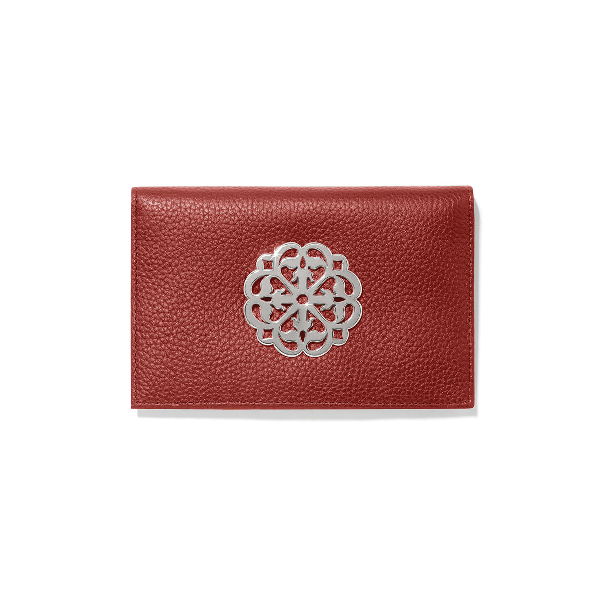Spice red pebbled leather Ferrara Medallion Folio Wallet with a silver-tone filigree medallion.