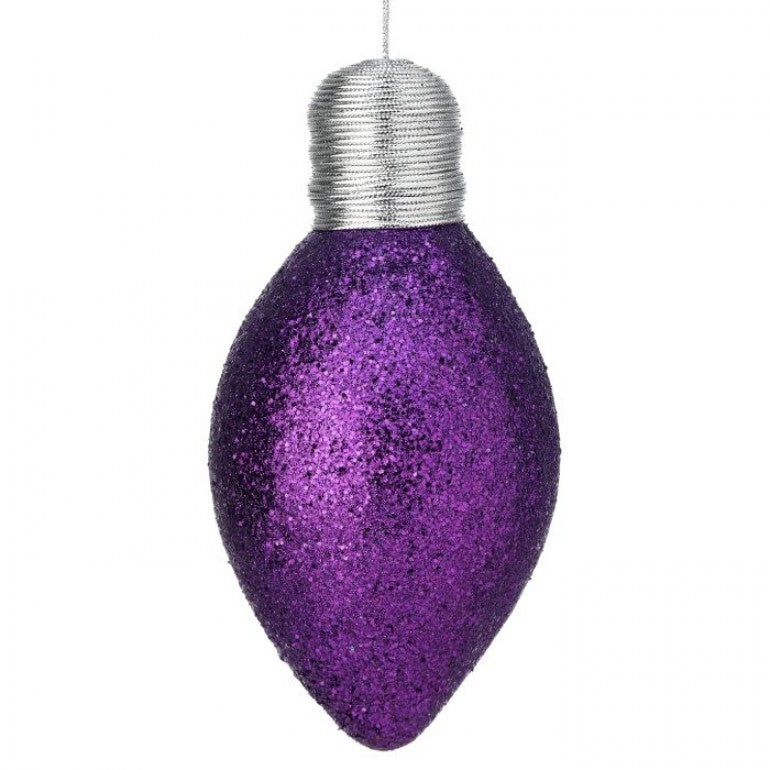 Seven-inch glitter lightbulb ornament with a clear glass shape.