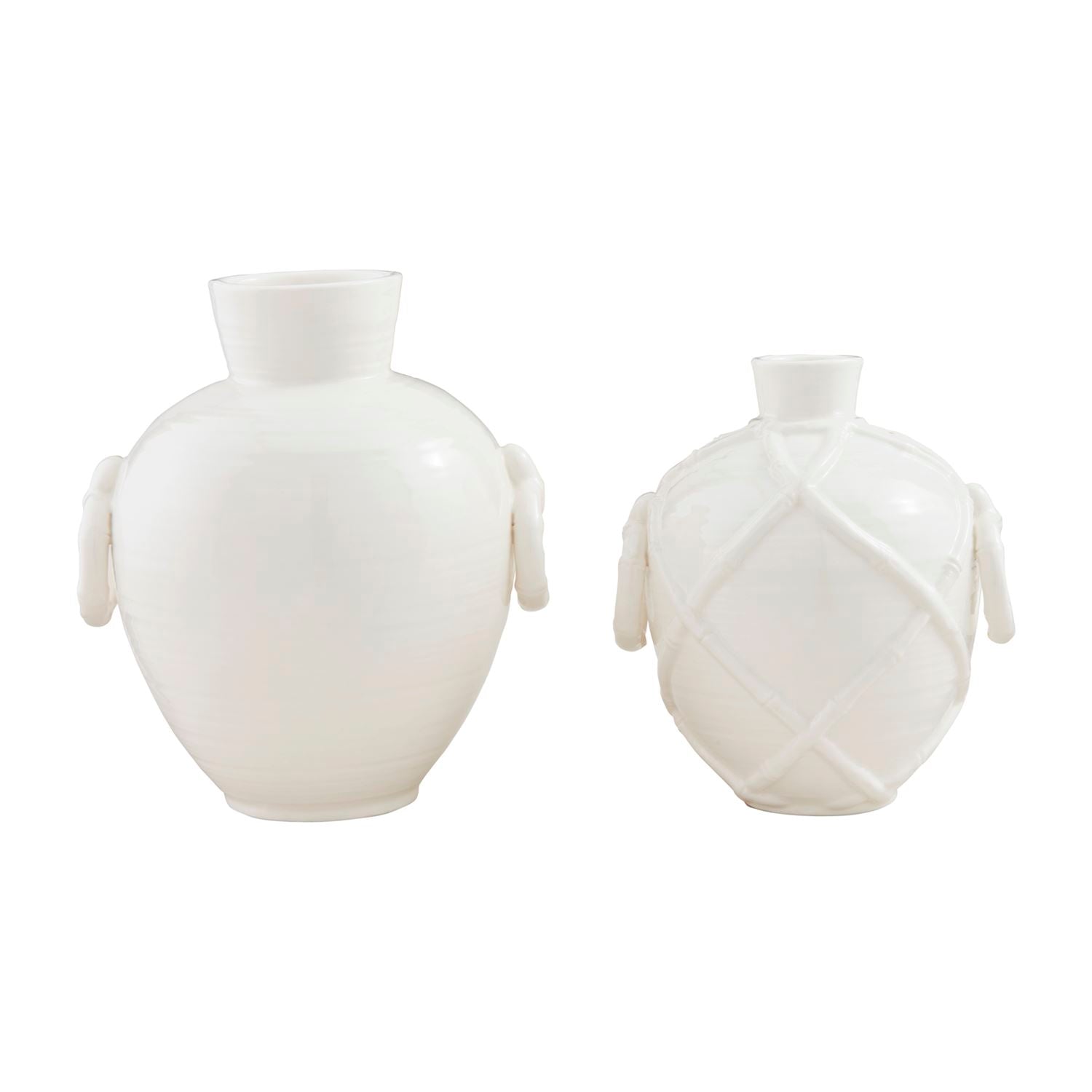 Set of two white stoneware vases with side ring handles and raised bamboo lattice texture.