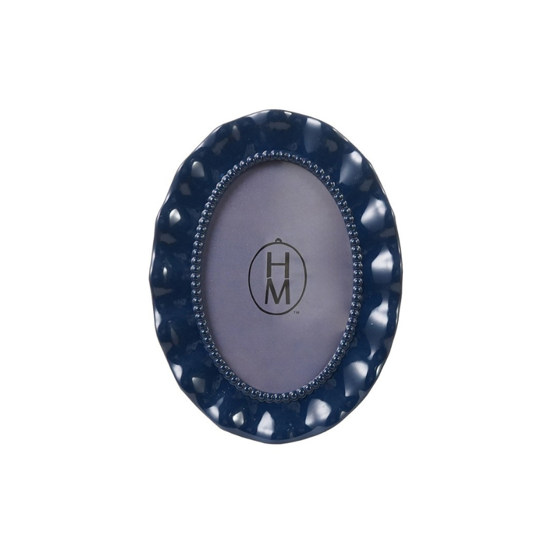 Navy blue oval resin photo frame with wavy scalloped edges and beaded inner border.