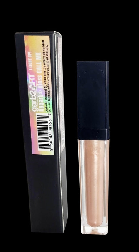 Full Lipgarb Gloss in a clear tube with a black cap, showing a shimmery nude-pink shade.
