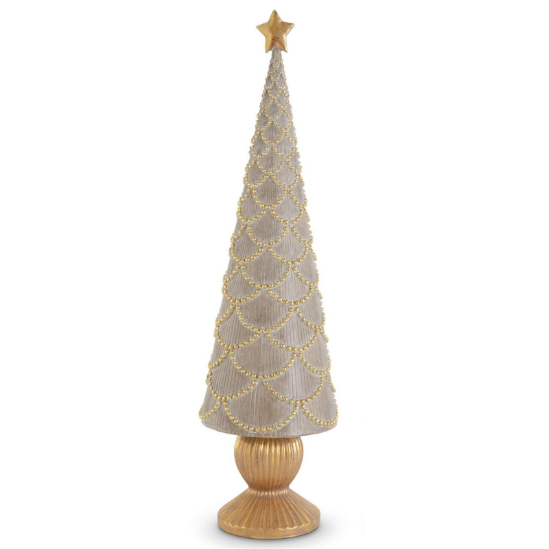 Tan resin tabletop Christmas tree with gold scalloped bead detailing and a gold star topper.