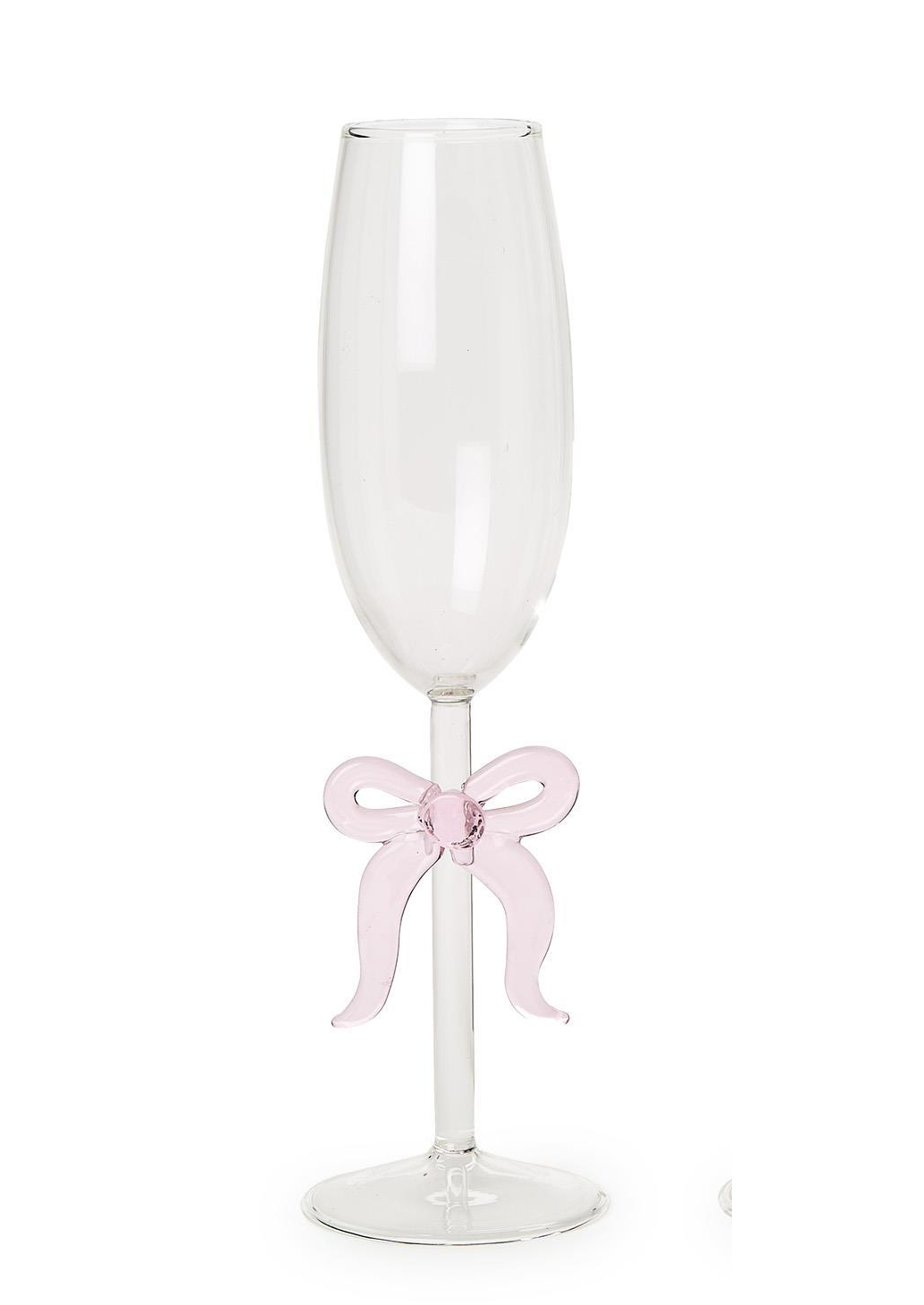 Clear champagne flute with a pink glass bow detail on the stem.