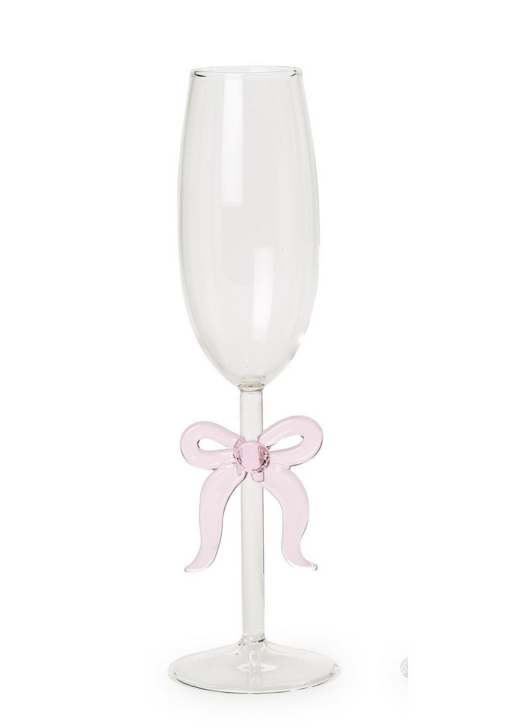 Clear champagne flute with a pink glass bow detail on the stem.