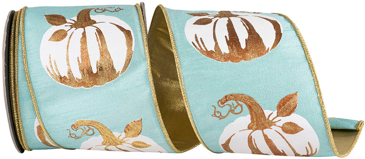 4-inch teal wired ribbon featuring white pumpkins with gold gilded accents and a gold wired edge.