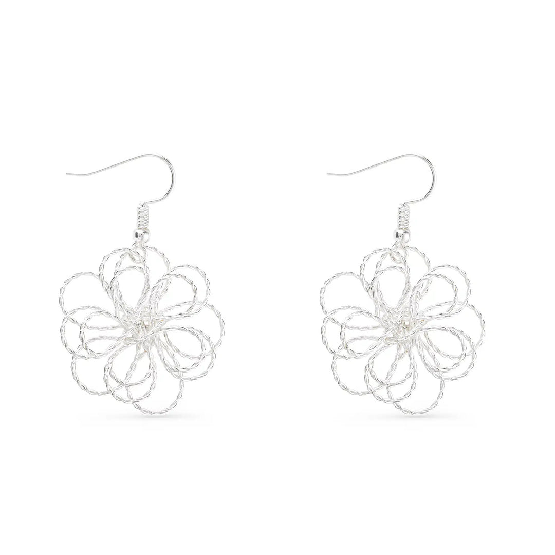 Silver Polished Ellie Earrings featuring a delicate wire-woven flower design on fishhook backs.