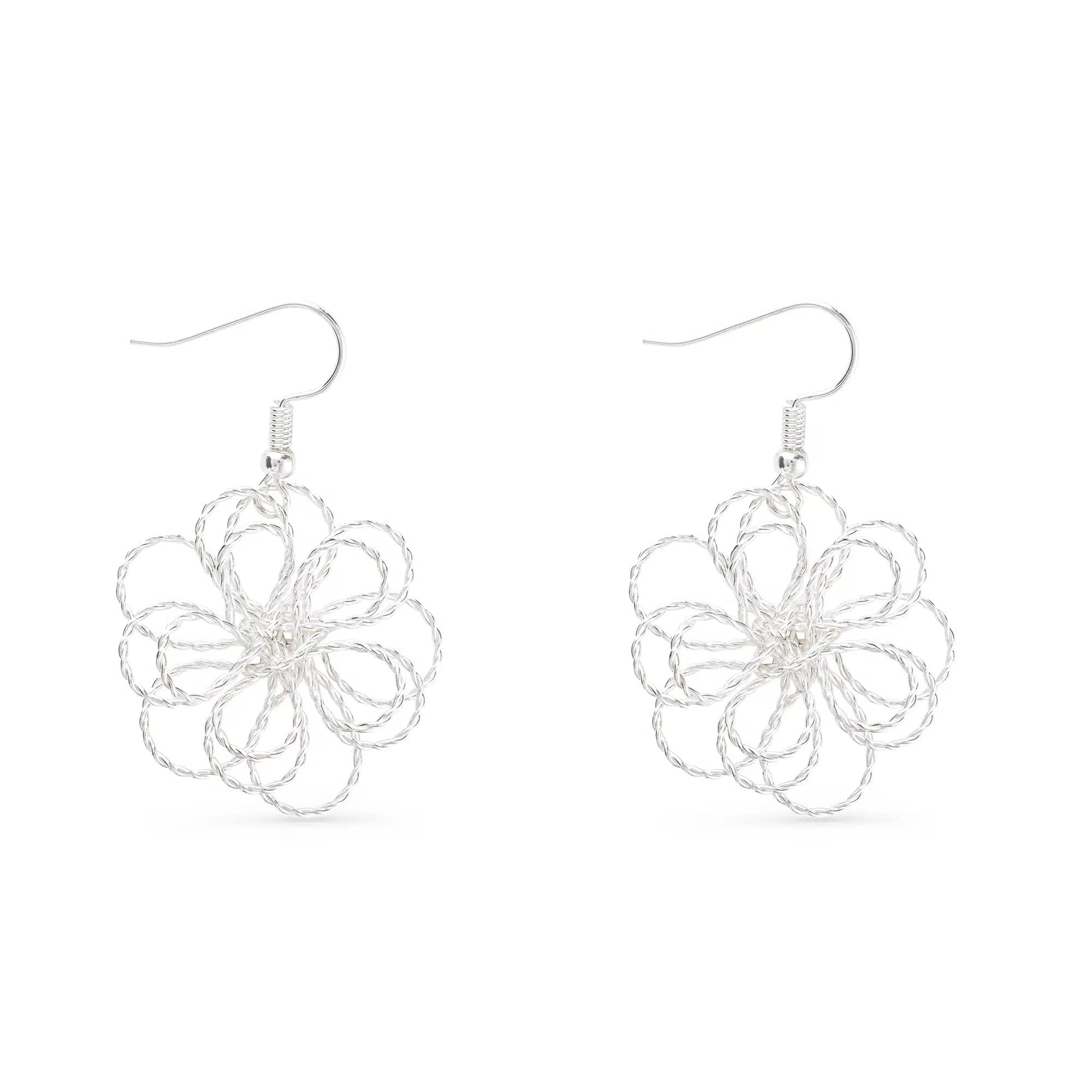 Silver Polished Ellie Earrings featuring a delicate wire-woven flower design on fishhook backs.