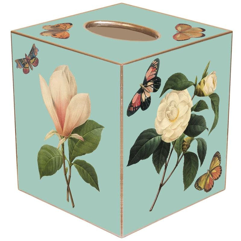 Handcrafted aqua floral paper mache tissue box cover with gold edge accents