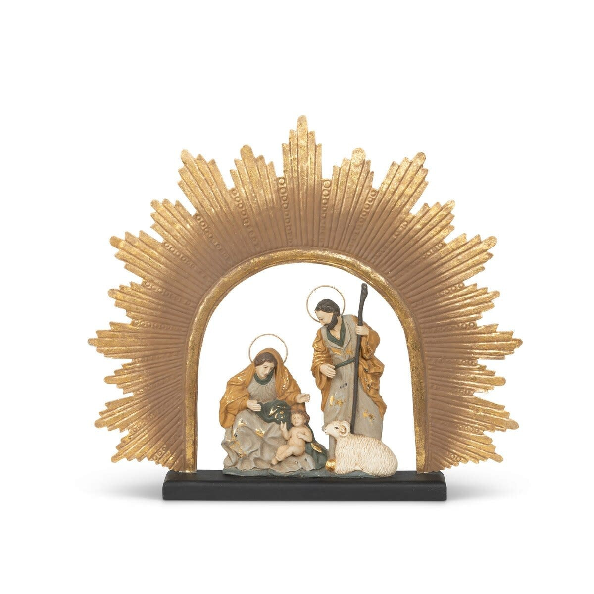 Antique gold papier mache nativity scene sculpture with grey accents depicting figures at Lourdes
