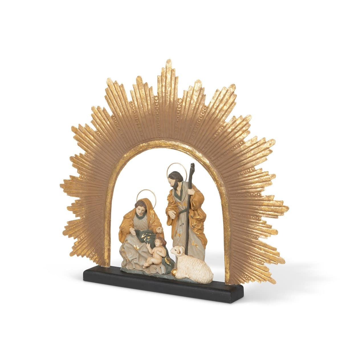 Antique gold papier mache nativity scene with grey resin accents depicting figures at Lourdes.