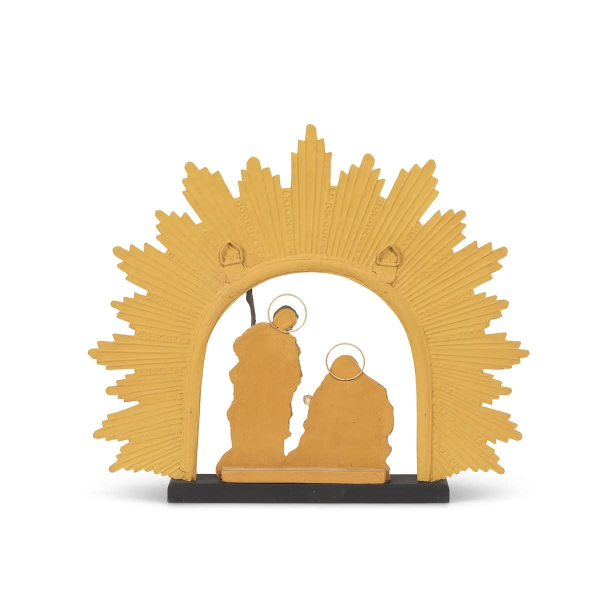 Antique gold papier mache nativity figurine with grey resin accents depicting a stylized religious scene.