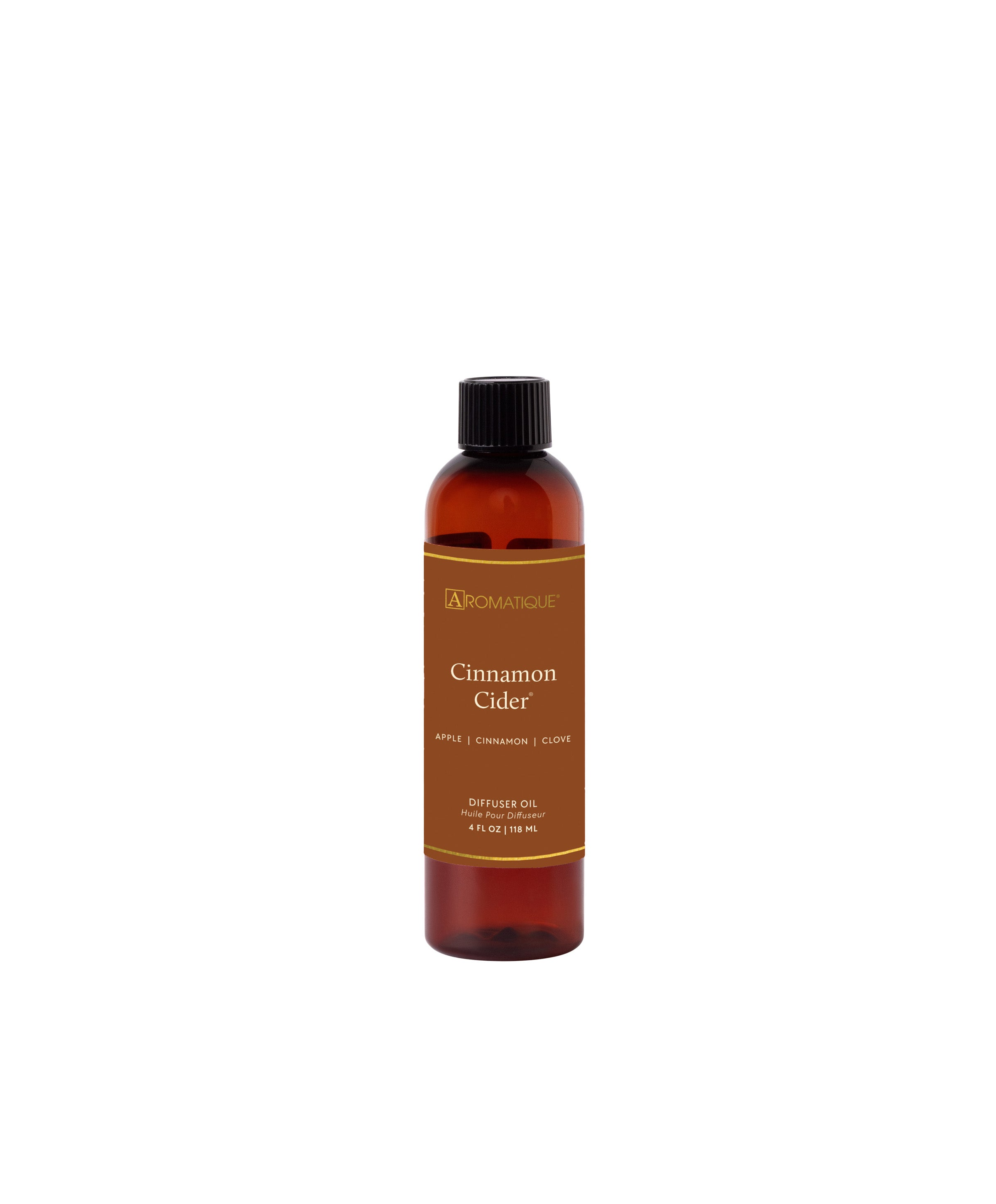 A 4 fl oz bottle of Aromatique Cinnamon Cider Diffuser Oil with apple, cinnamon, and clove notes.