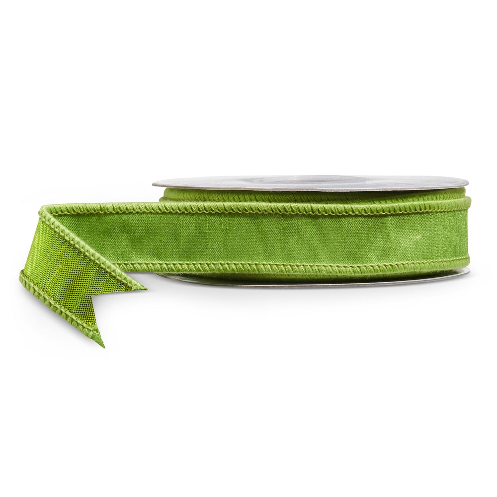 One-inch wide green polyester wired ribbon sold in a ten-yard length.