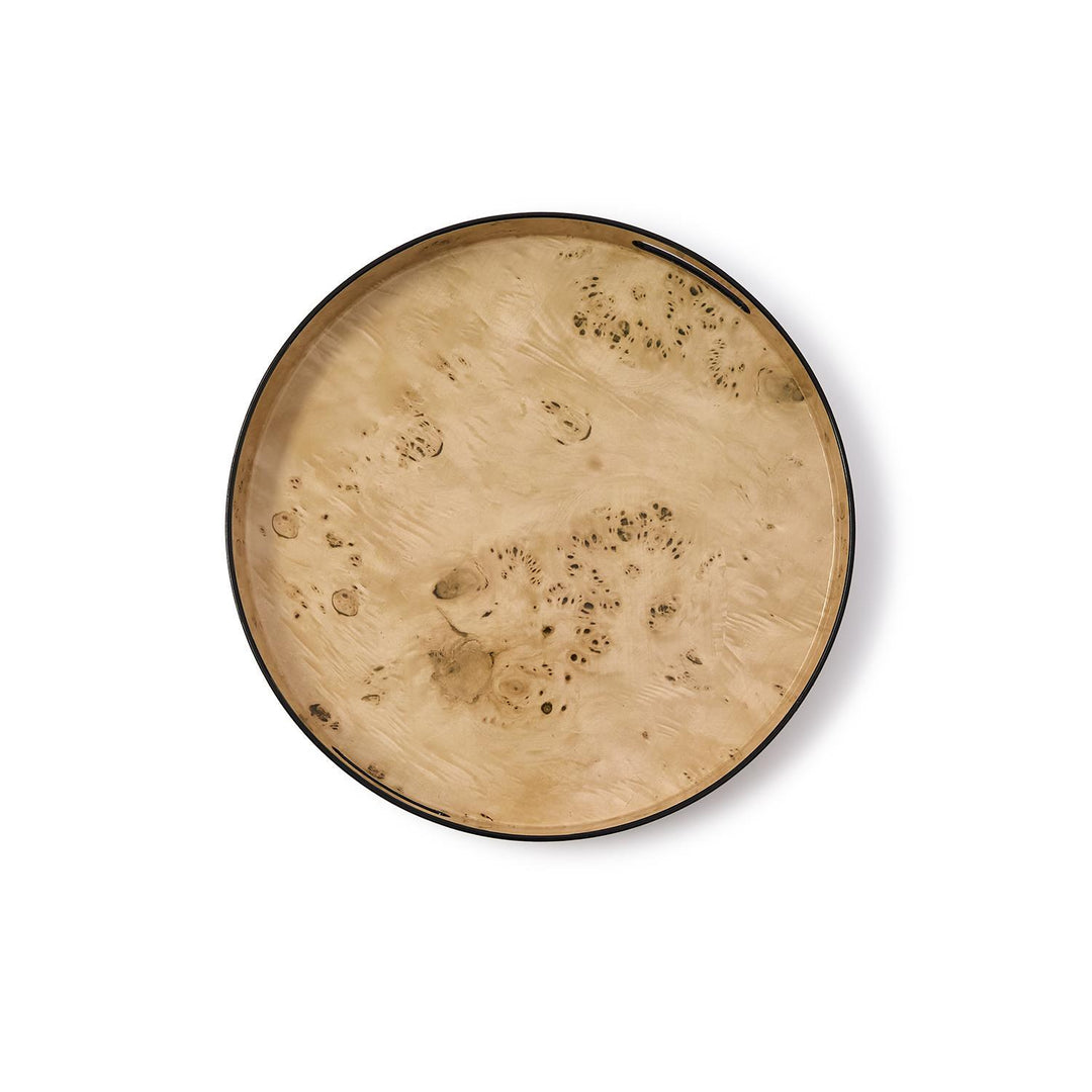 Round plastic tray with a light brown burled wood pattern and a thin black rim.