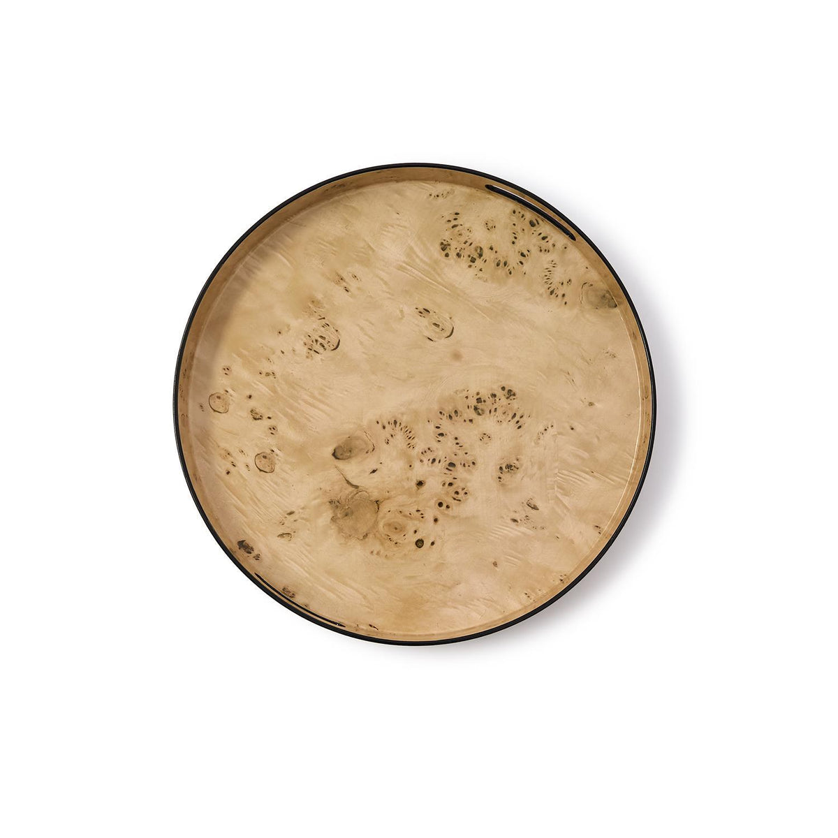 Round plastic tray with a light brown burled wood pattern and a thin black rim.