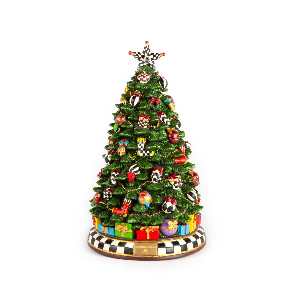 Christmas Carol Tree figurine with colorful ornaments, gifts, and a checkered star and base.