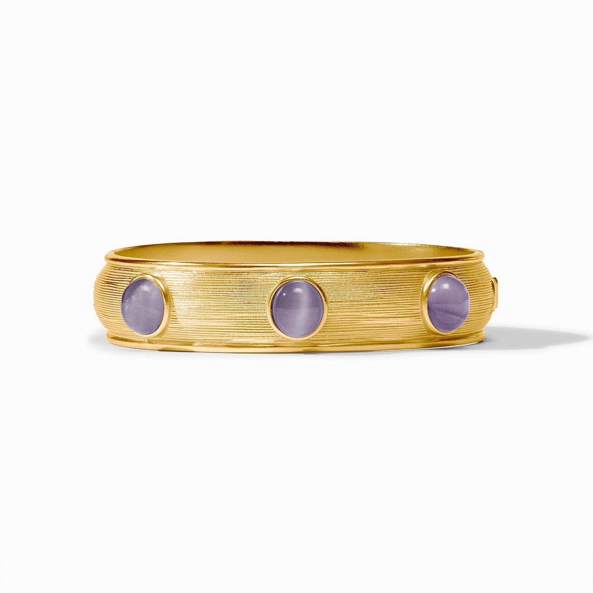 Gold-plated Cobblestone Stone Hinge Bangle with three round purple glass stones.