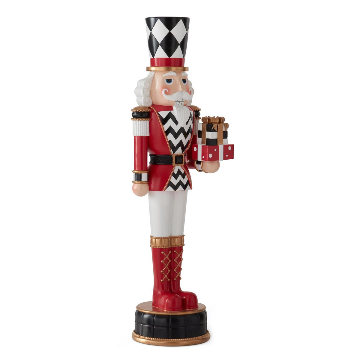 23.5 inch nutcracker in red and black harlequin check holding a stack of gifts.